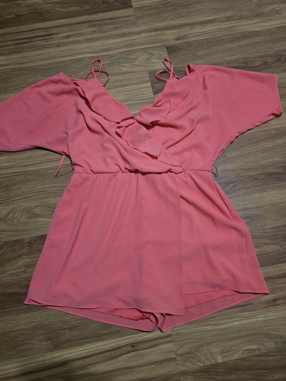 Premier Coral Pink Cold-Shoulder Romper with Ruffle Trim